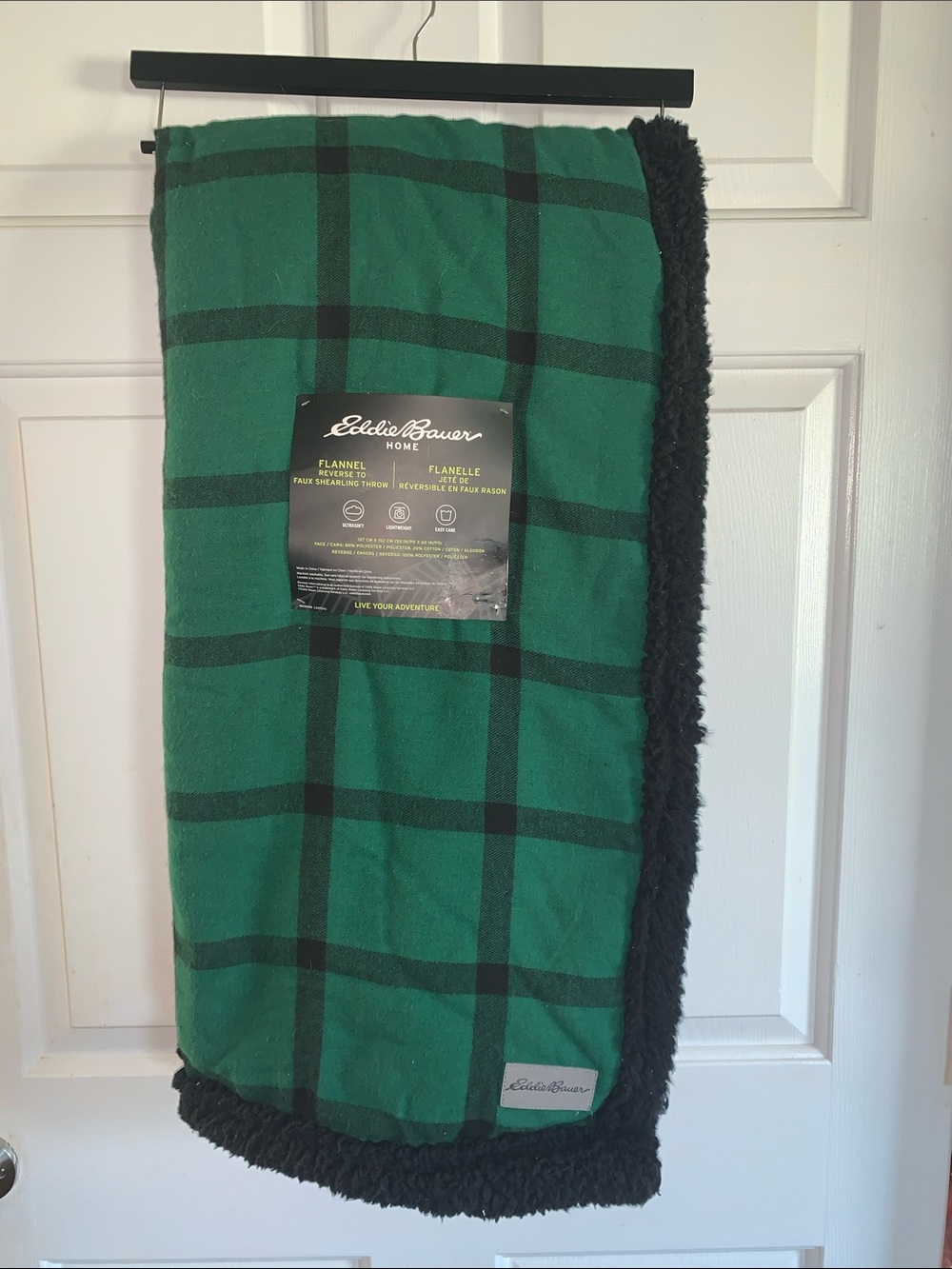 🎄🧑‍🎄 Eddie Bauer Green Black Buffalo Plaid Sherpa Throw Blanket Flannel NWT